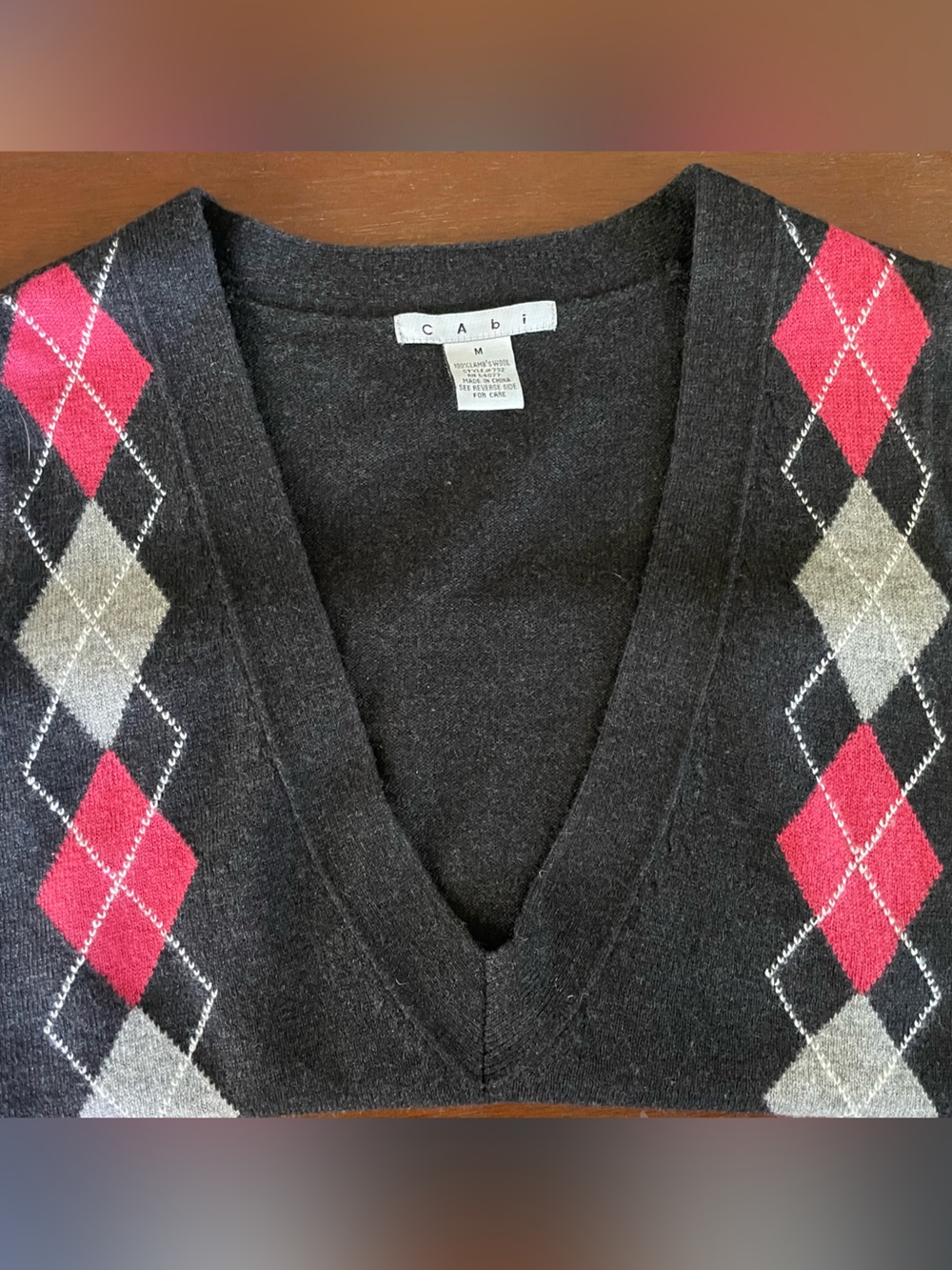 CAbi Charcoal V-Neck Argyle Sweater Vest with Red & Light Gray Diamonds